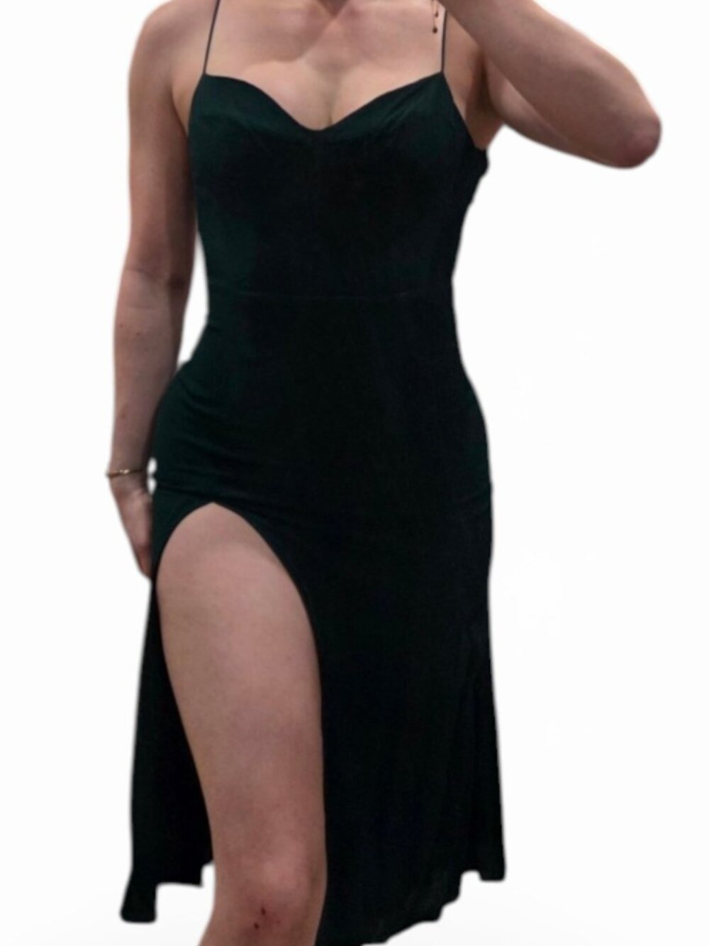 Reformation Green Spaghetti Strap Midi Dress High Slit Corset Style Evening